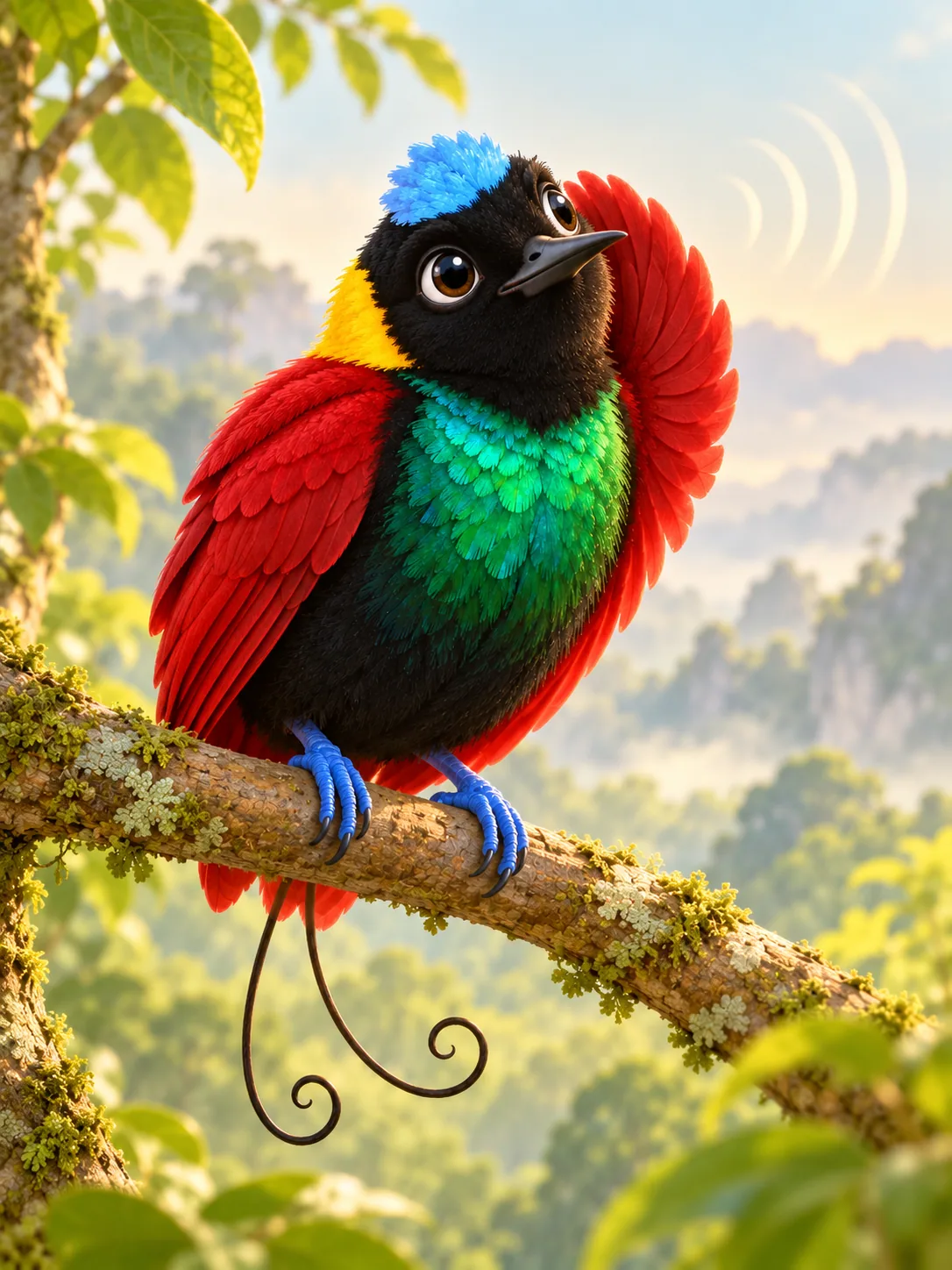 Gio memiringkan kepala untuk mendengar panggilan burung dari balik satu rumpun daun.