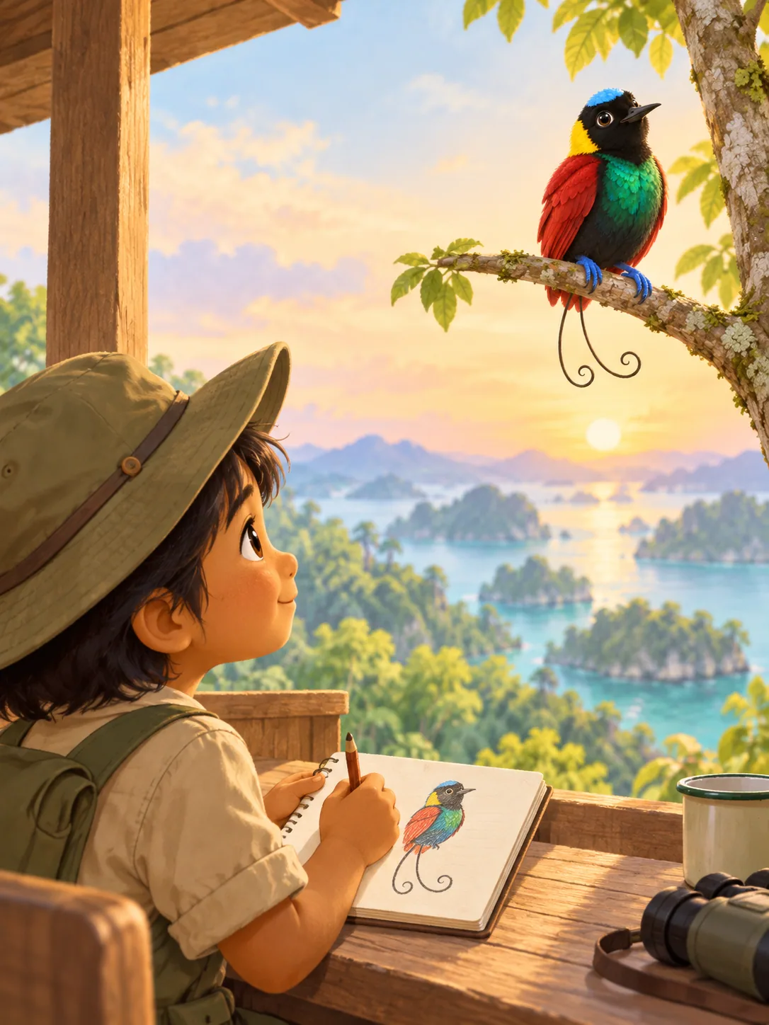Anak-anak menunjuk gambar burung di buku catatan sambil berjanji menjaga hutan dari pos pengamatan yang sederhana.