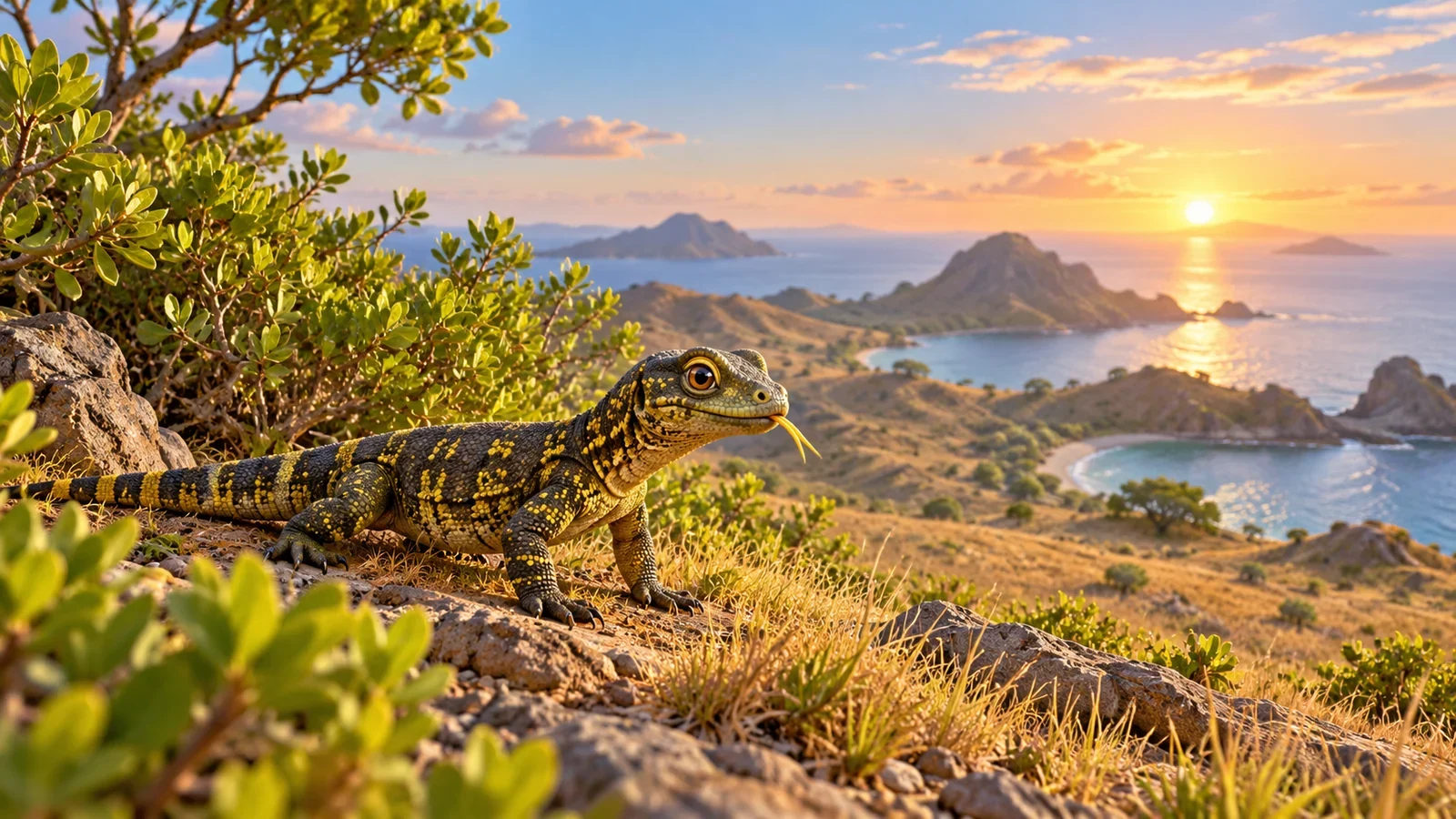 Kimo, anak komodo hijau zaitun berpita hitam dan berbintik kuning, mengintip dari balik semak di Pulau Komodo saat matahari terbit.