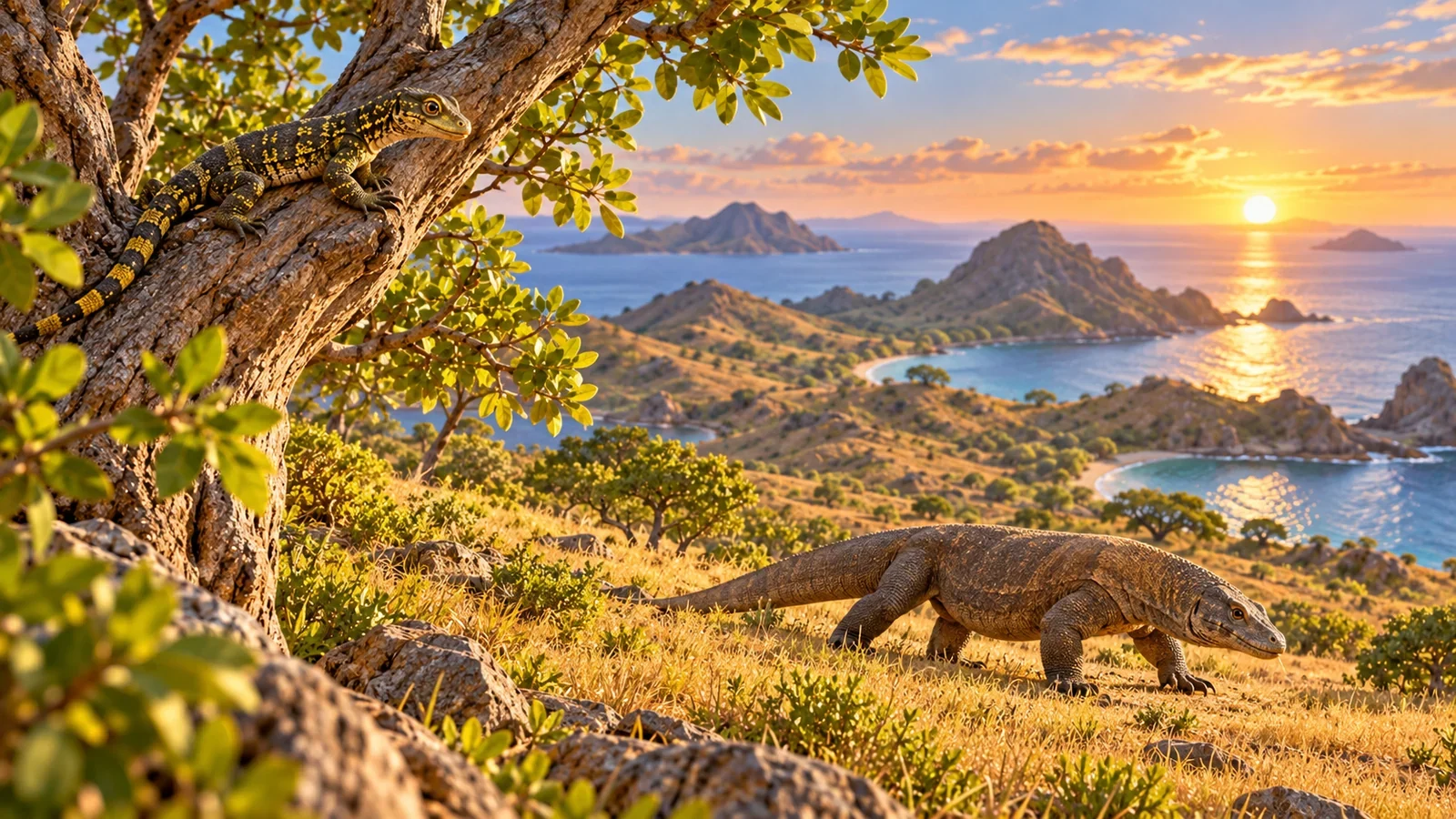 Komodo dewasa melintas jauh di bawah pohon, sedangkan Kimo bersembunyi tenang pada cabang kokoh.