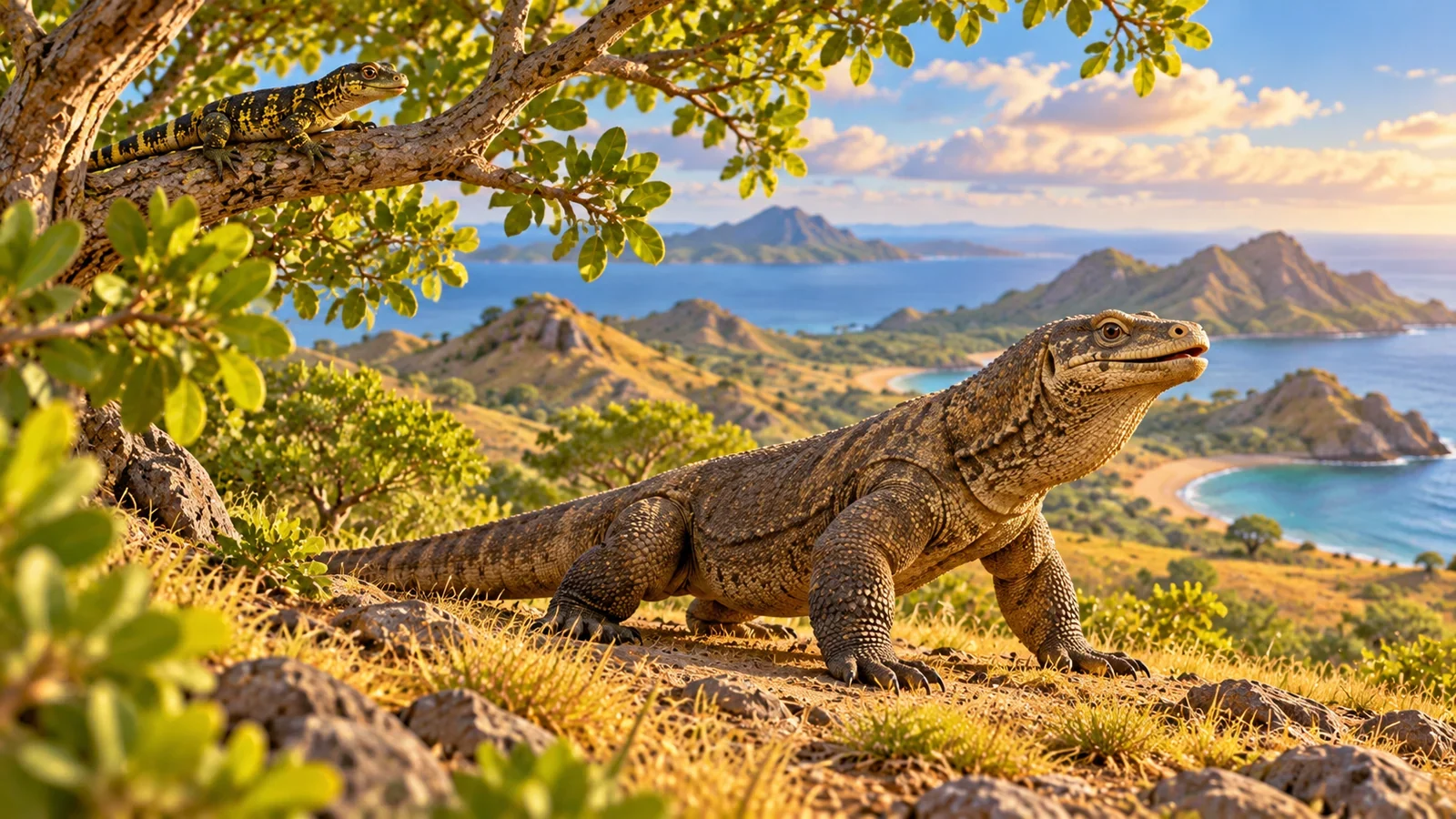 Komodo dewasa mendesis pelan di savana sementara Kimo tetap aman di dahan atas.