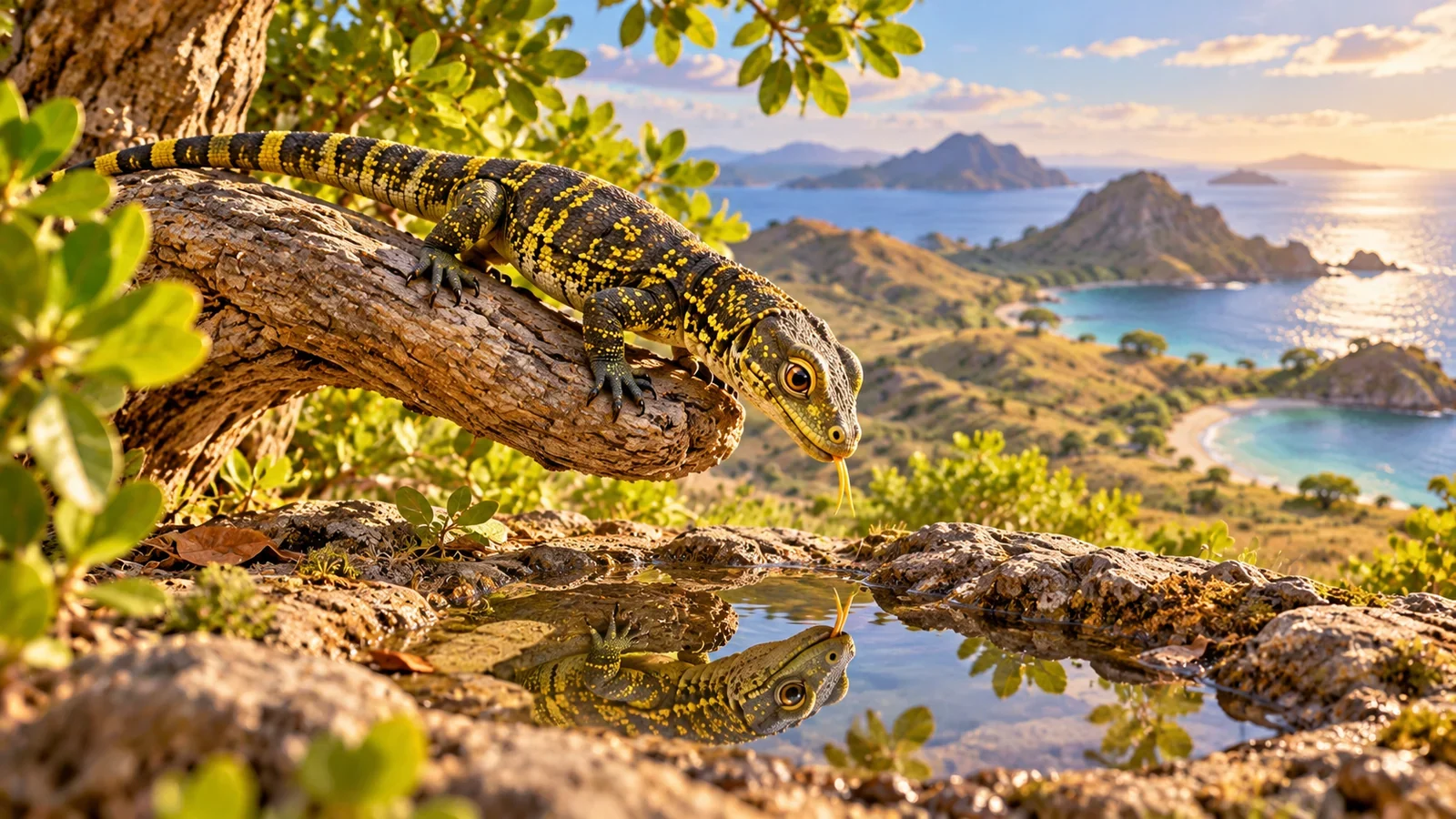 Kimo melihat bayangannya di genangan kecil, dengan siluet komodo dewasa yang jauh di belakang.