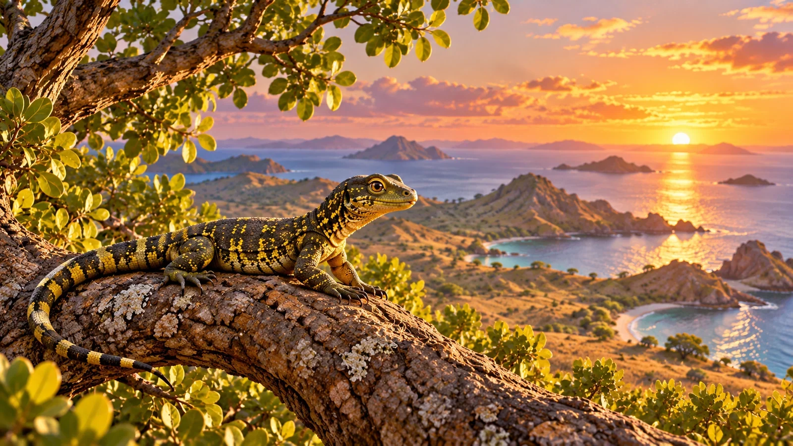 Kimo bertengger aman di atas pohon dengan savana, pepohonan, dan laut Pulau Komodo terbentang di belakangnya.