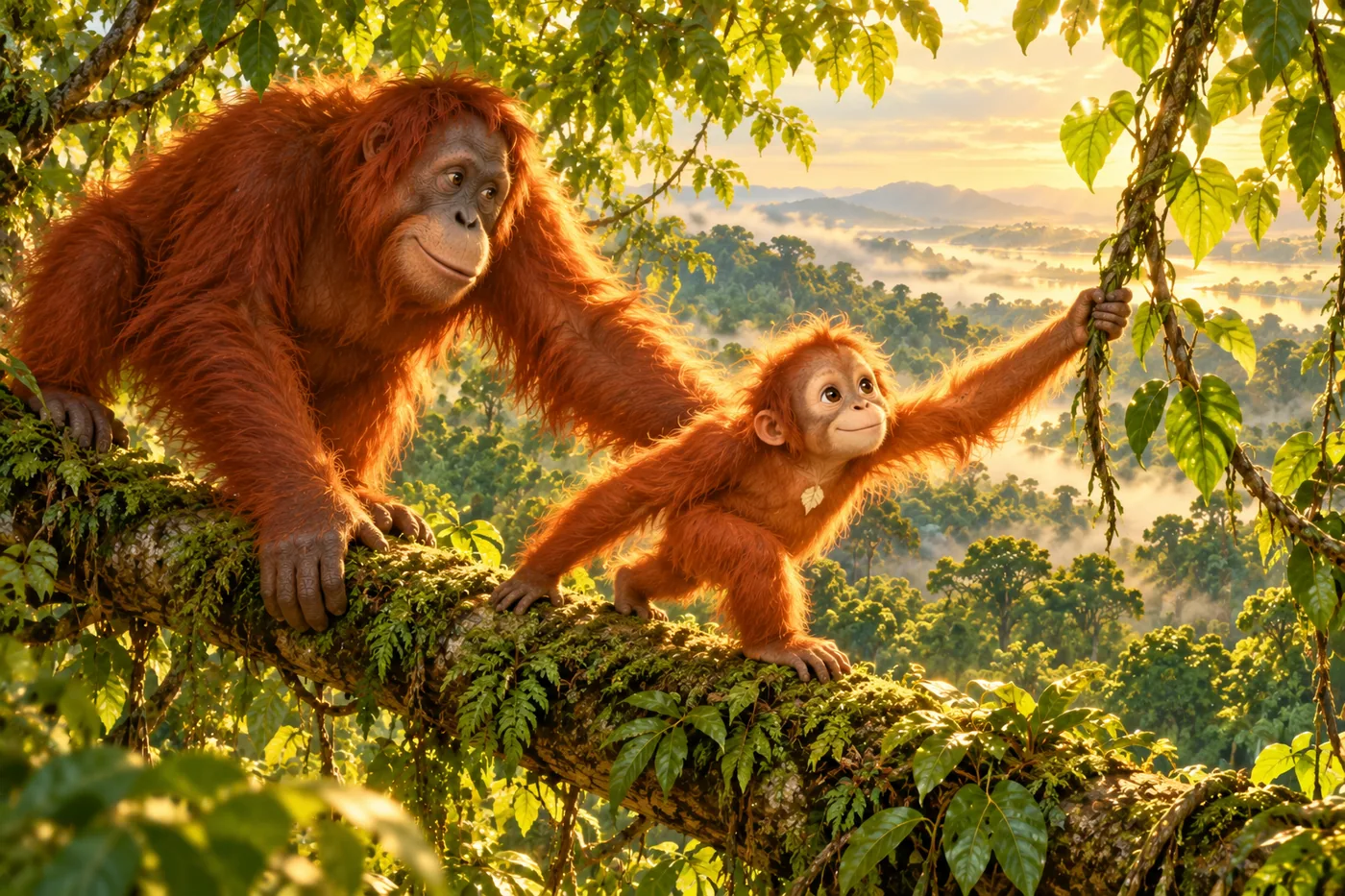 Ibu orangutan menunjukkan cabang yang kuat sementara Lulu belajar bergerak di antara pepohonan.