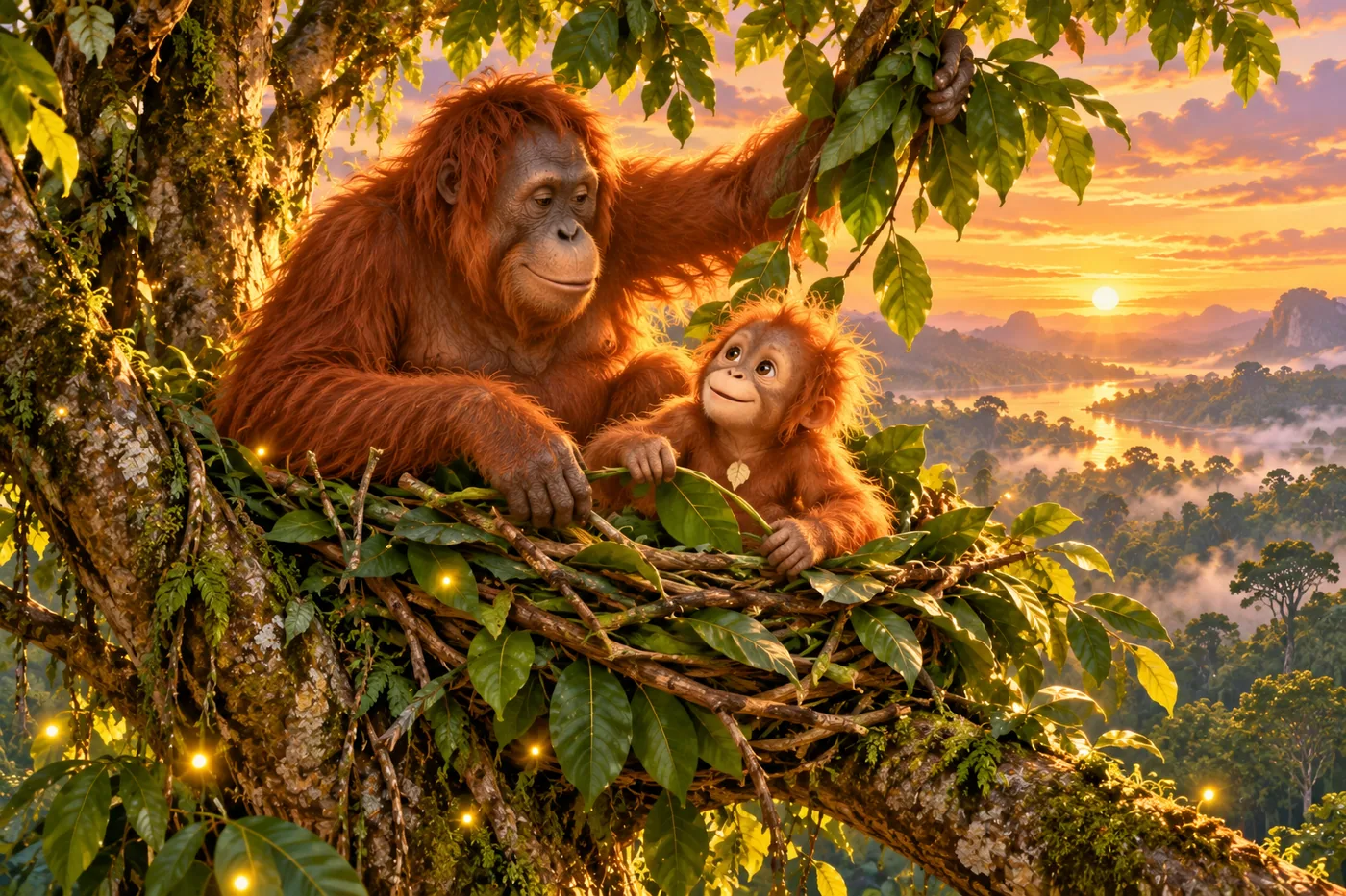 Saat senja, Ibu orangutan dan Lulu merangkai ranting serta daun menjadi sarang di pohon.