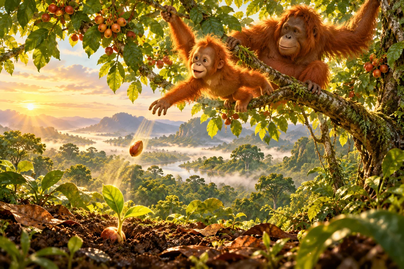 Biji dari buah yang dimakan Lulu jatuh ke tanah hutan dan mulai tumbuh menjadi kecambah kecil.