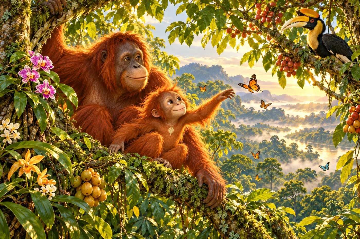 Lulu mengamati burung enggang, kupu-kupu, bunga, dan buah di hutan Kalimantan yang rimbun.