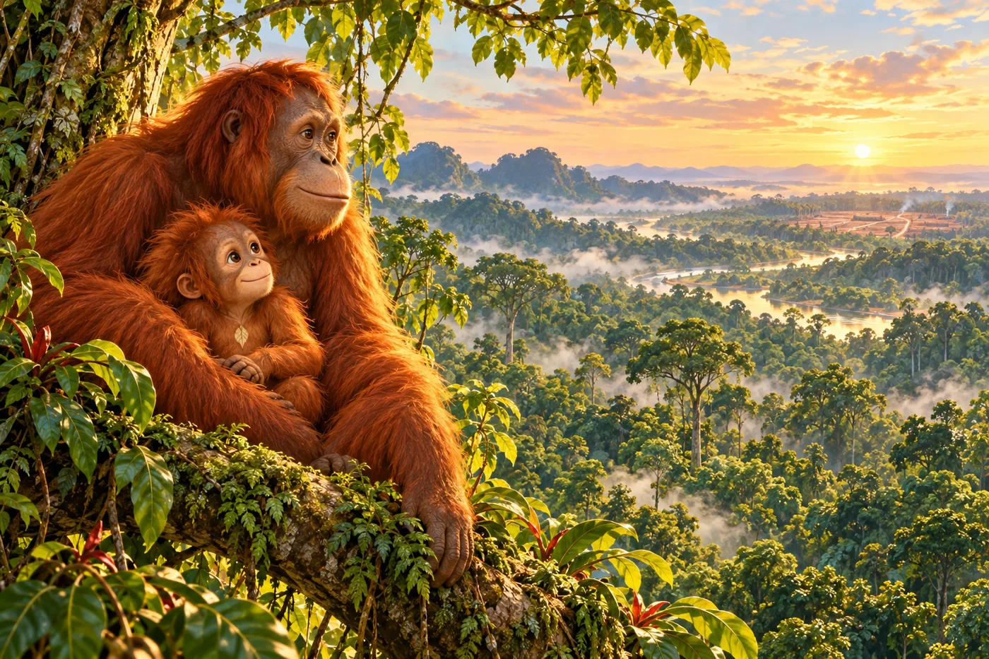 Dari kanopi yang teduh, Lulu dan ibunya melihat bagian hutan yang terbuka jauh di kejauhan.