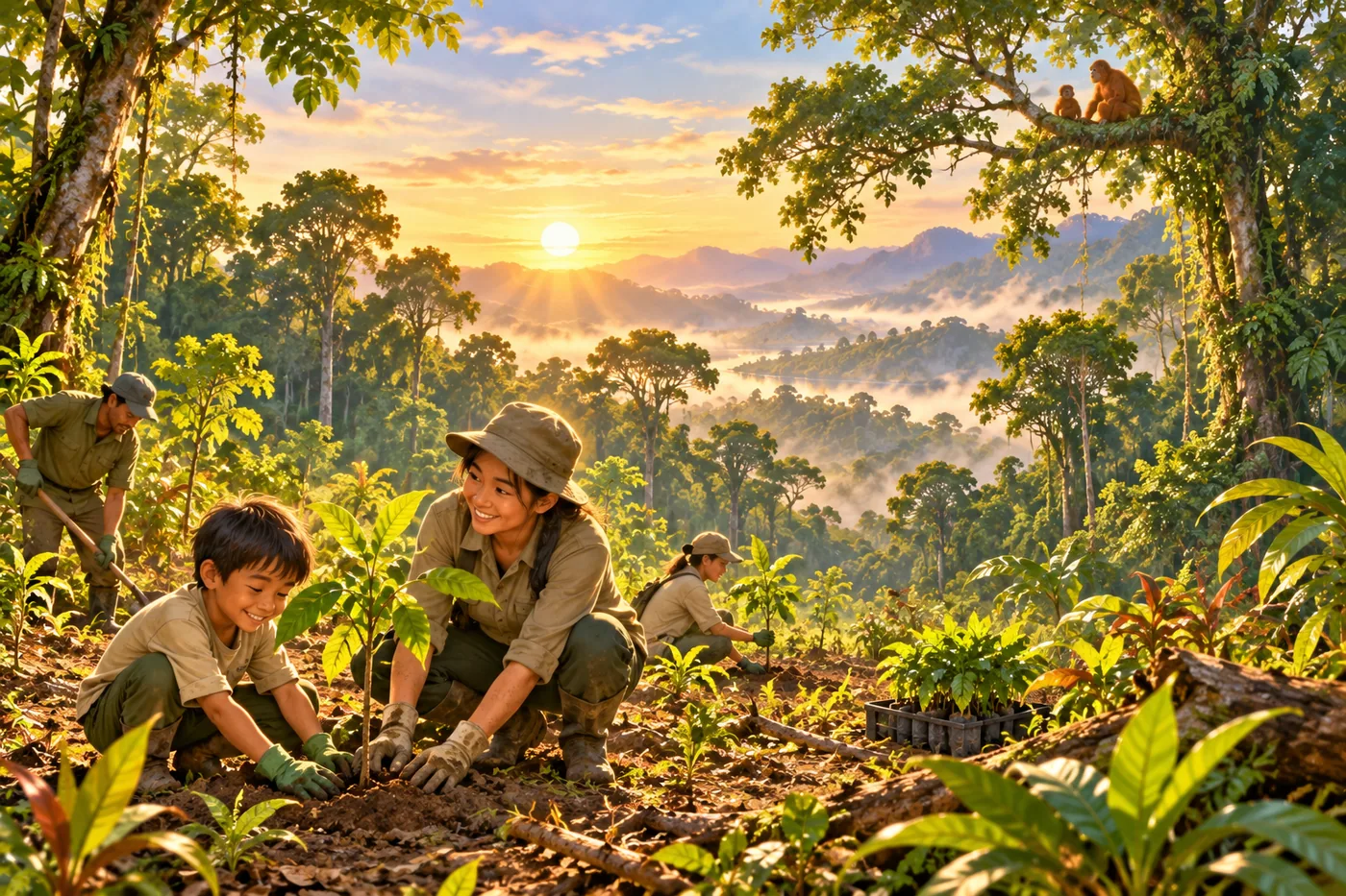 Warga dan seorang anak menanam bibit pohon lokal di area terbuka, jauh dari orangutan yang terlihat di kanopi.