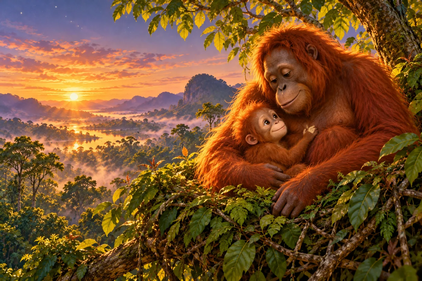 Lulu yang kini lebih dewasa beristirahat bersama anaknya di sarang daun saat senja di hutan Kalimantan.