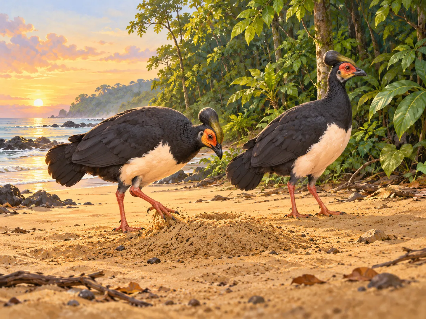 Sepasang maleo menutup sarang pasir di tepi pantai Sulawesi.