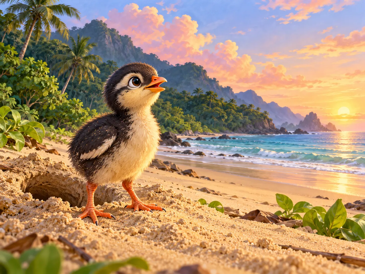 Anak maleo berdiri di pasir pantai saat matahari terbit.