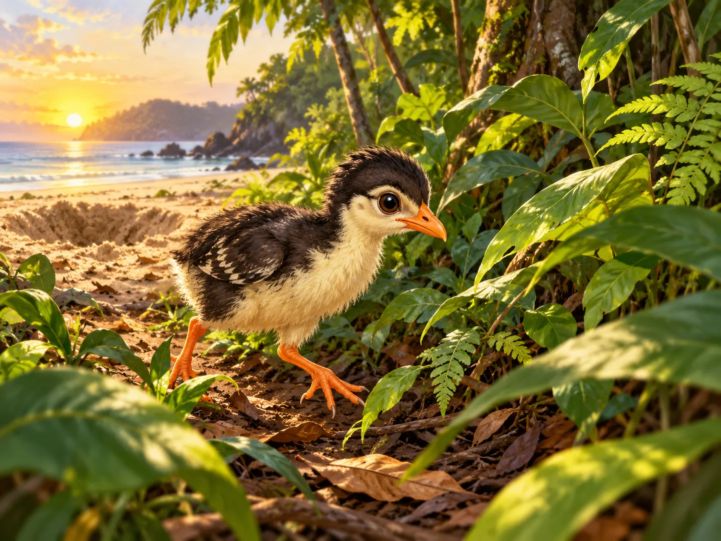 Anak maleo berlari dari pasir menuju semak hijau di tepi hutan.