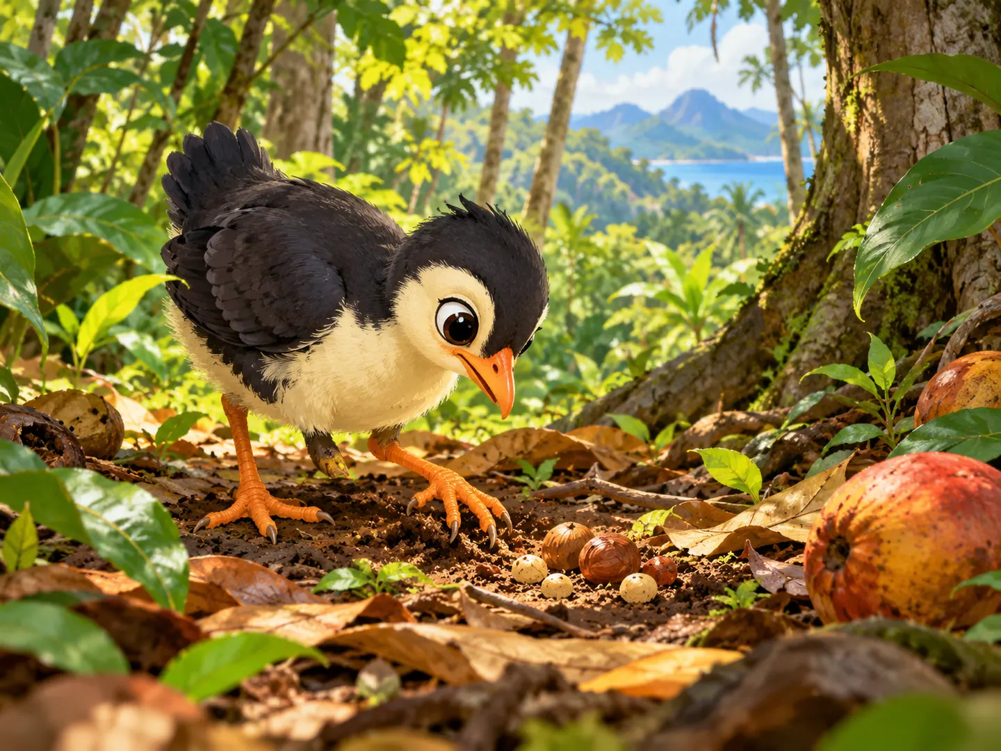 Anak maleo mengais tanah hutan untuk mencari biji dan buah jatuh.