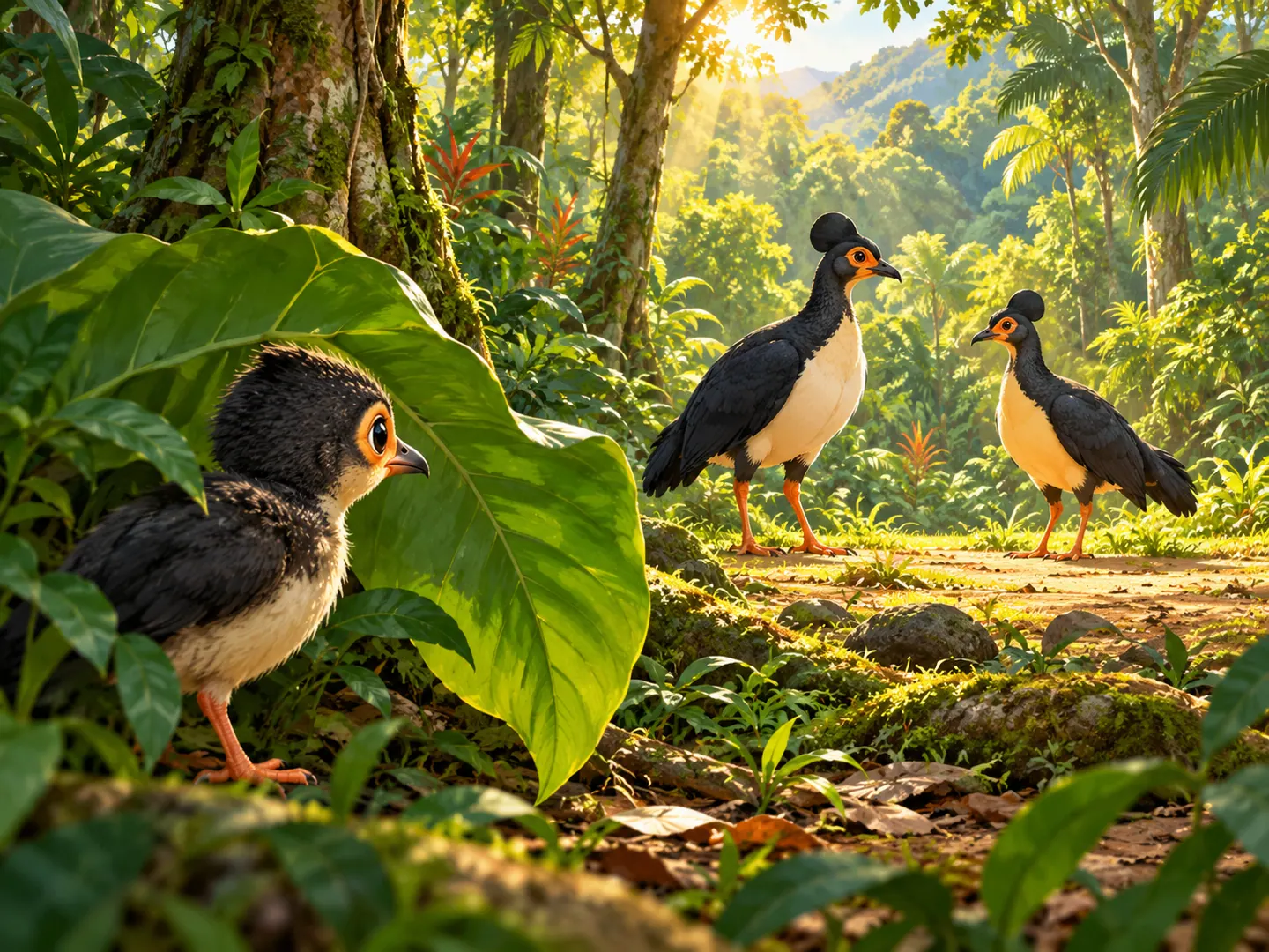 Anak maleo mengamati sepasang maleo dewasa di hutan Sulawesi.
