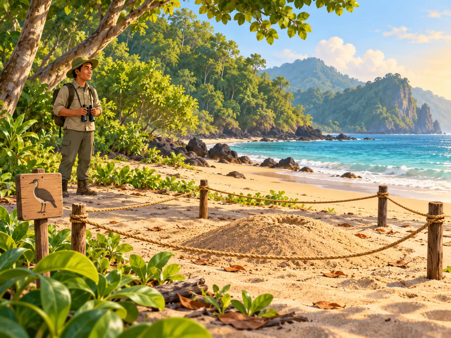 Penjaga hutan melindungi area sarang maleo di pantai Sulawesi dari kejauhan.