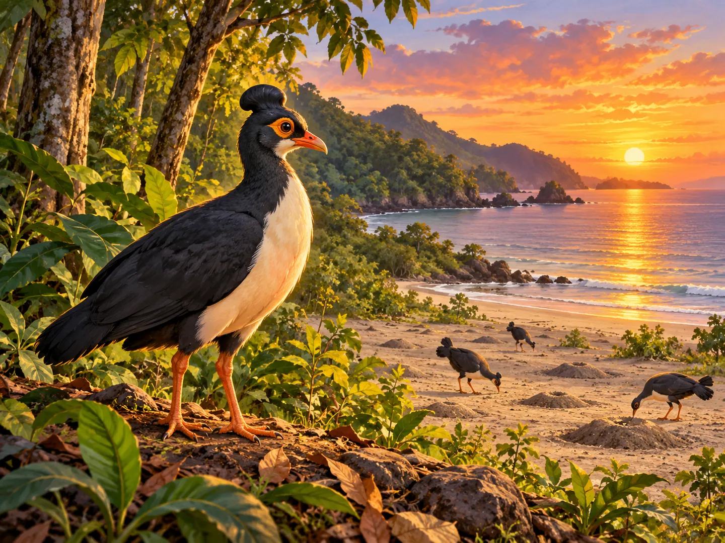Maleo muda berdiri di tepi hutan dan pantai yang terjaga saat senja.