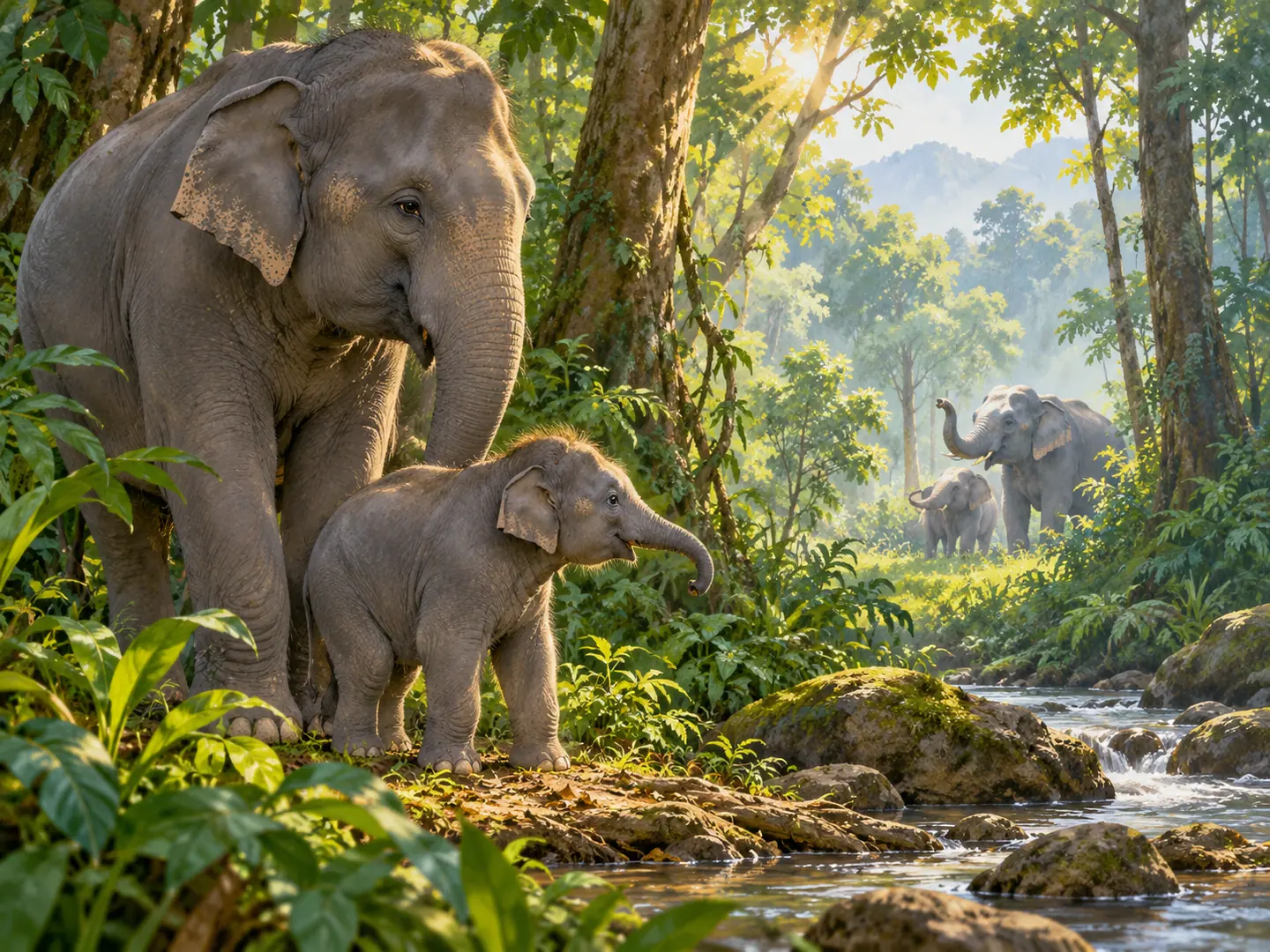 Nala mendengar panggilan gajah lain dari antara pepohonan hutan Sumatra.