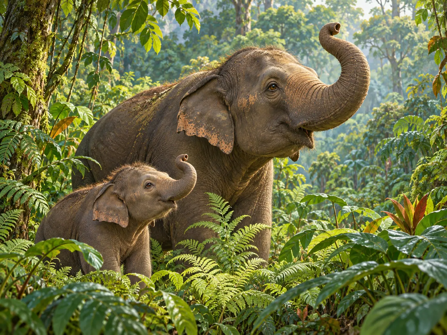 Induk Nala mengangkat belalai untuk mengendus udara, sementara Nala menirukannya.