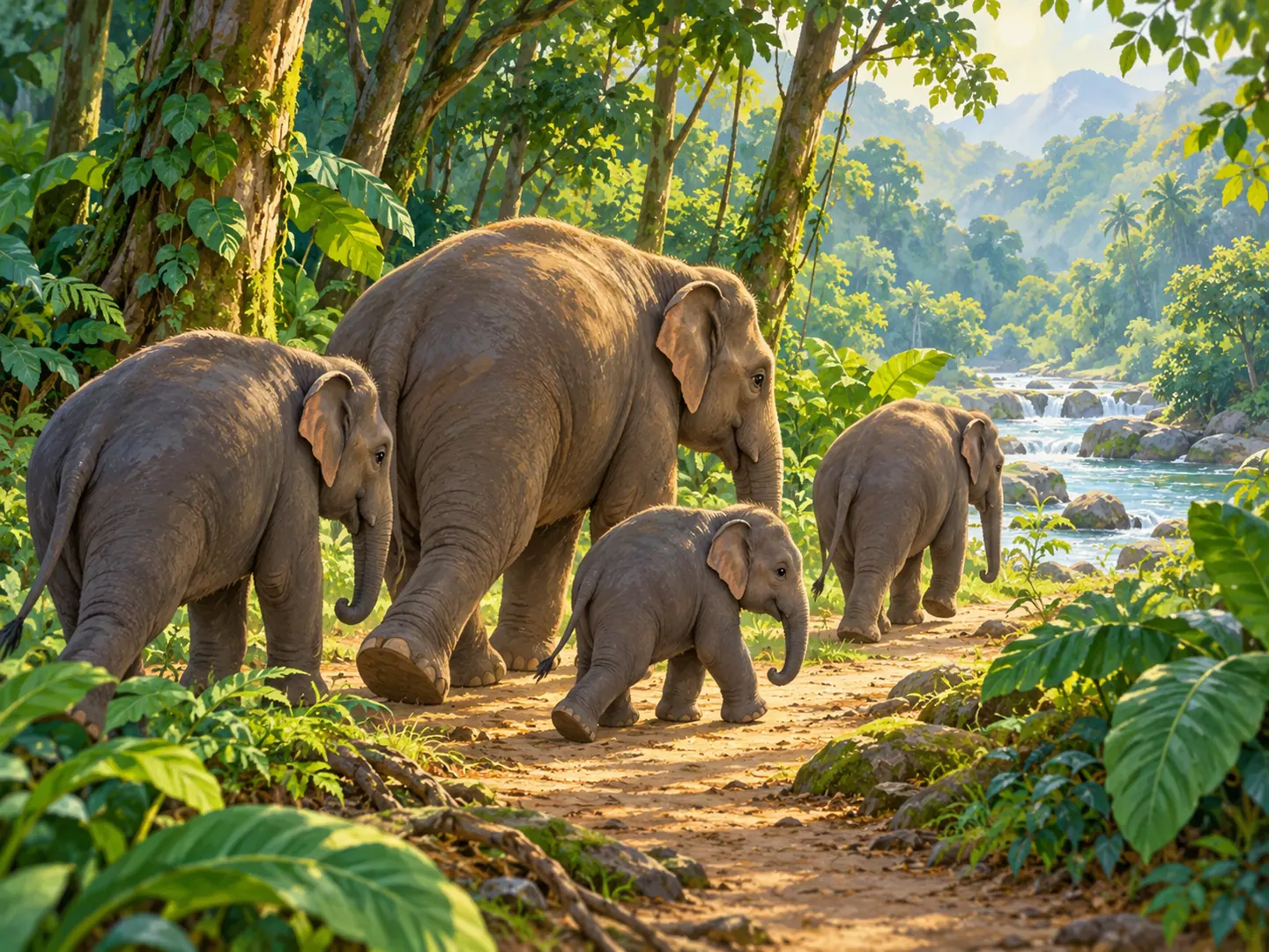 Nala dan keluarganya menyusuri jalur hutan menuju aliran air.