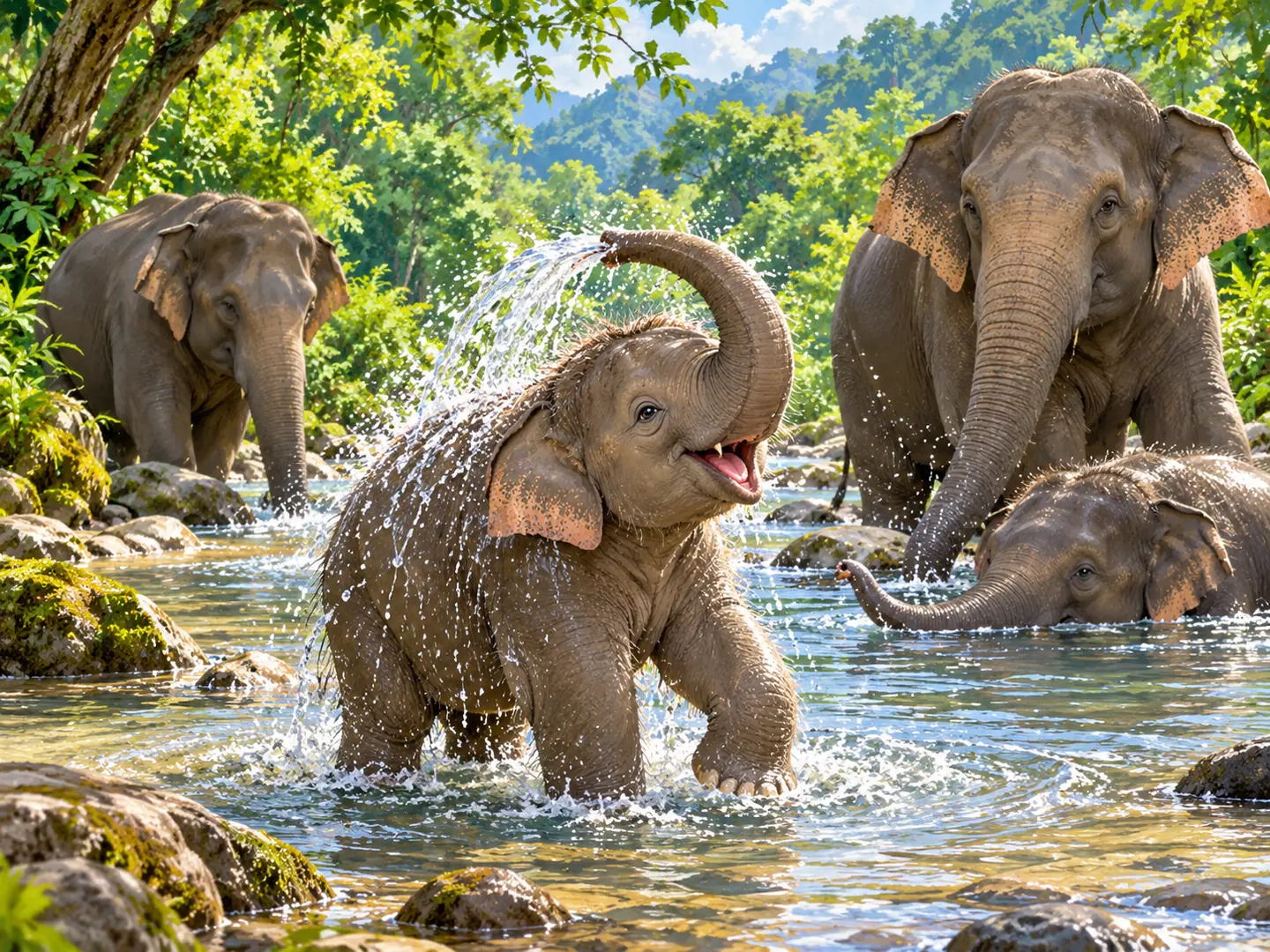 Nala menyemprotkan air ke punggungnya di tepi sungai, sementara keluarga ikut mendinginkan badan.