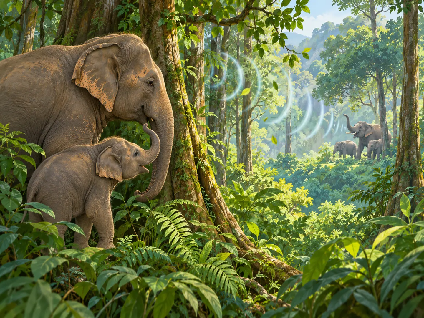 Keluarga gajah saling mendengar dari kejauhan melalui sela pepohonan.