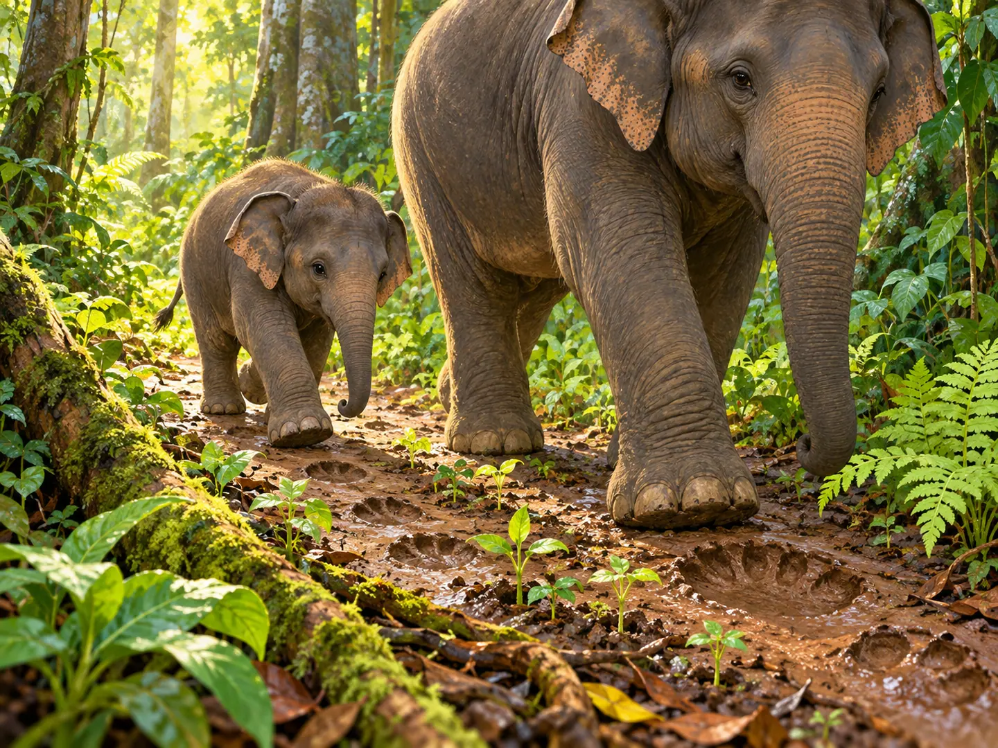 Jejak lebar Nala tampak di tanah basah dekat tumbuhan kecil di hutan.