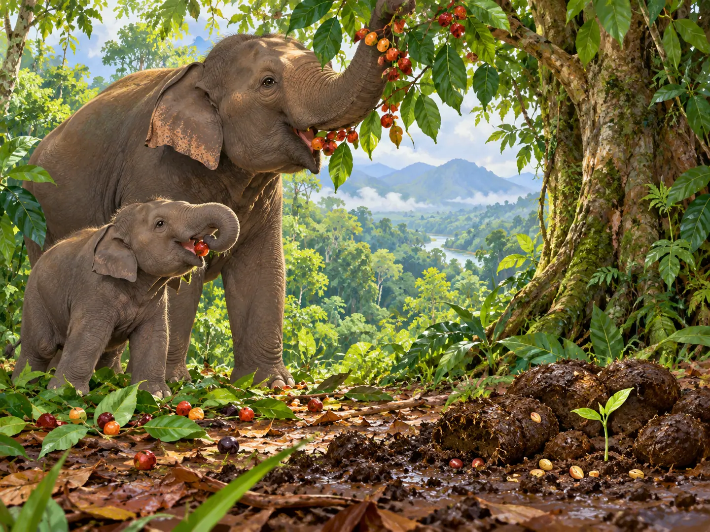 Nala makan buah hutan, sementara biji dan kecambah tampak di tanah dekat pepohonan.