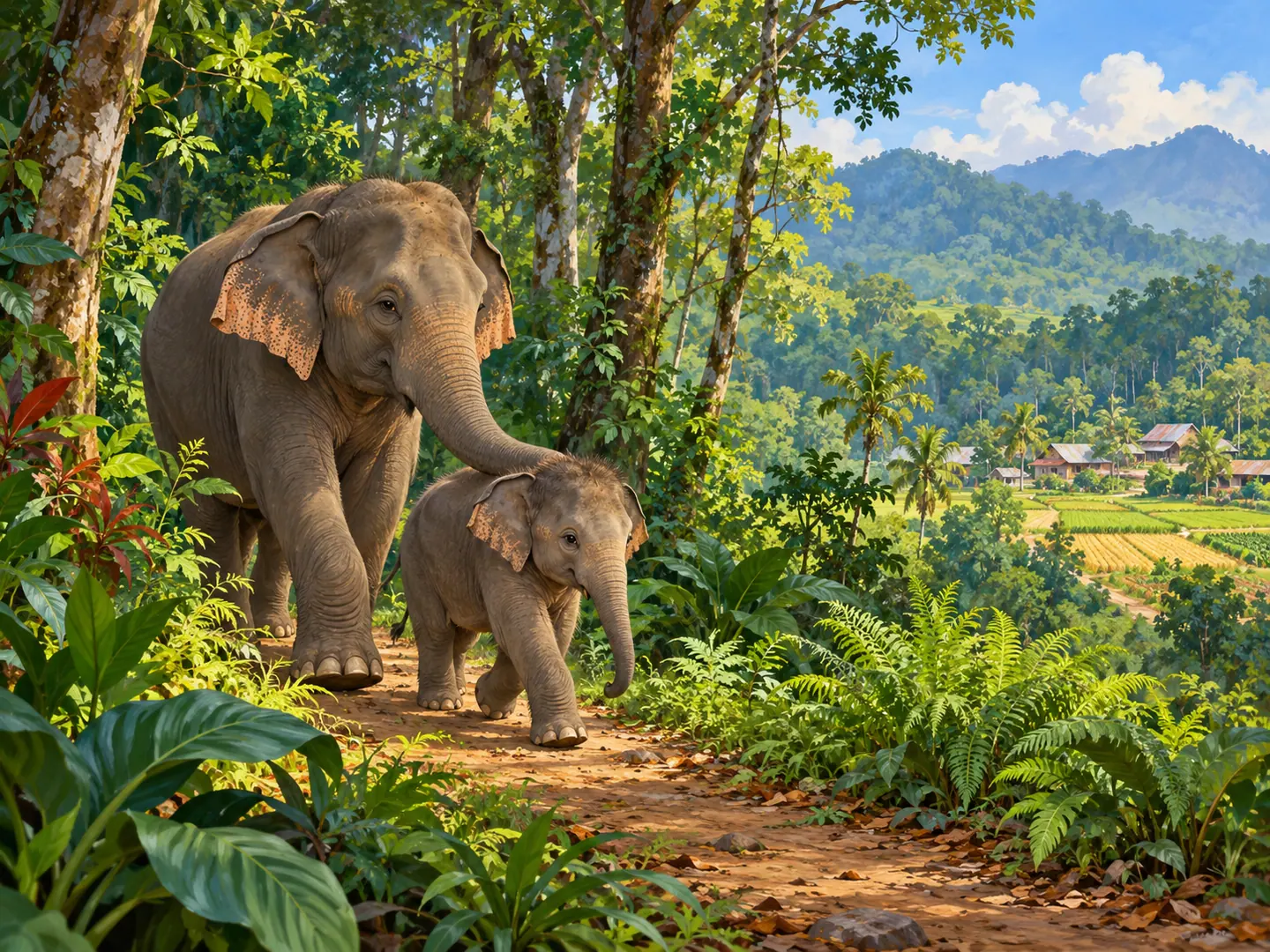 Induk gajah memandu Nala menyusuri hutan, jauh dari ladang dan rumah warga.