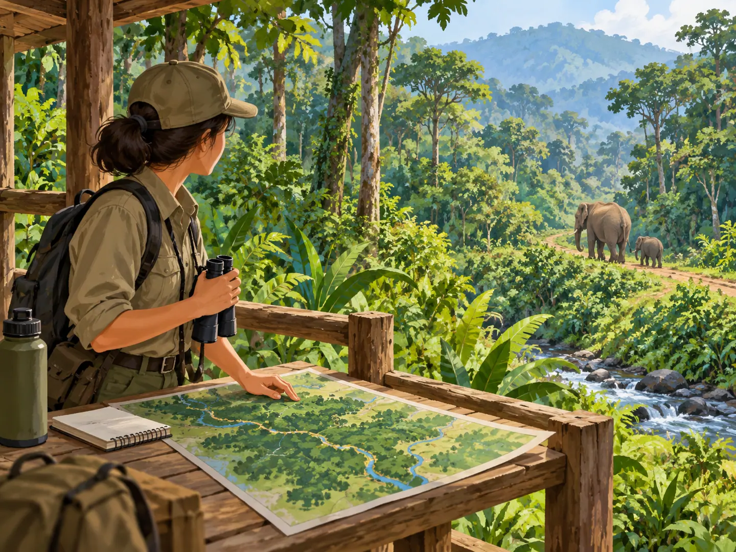 Penjaga hutan mencatat jalur jelajah gajah dari pos, saat Nala dan induknya melintas jauh di belakang.