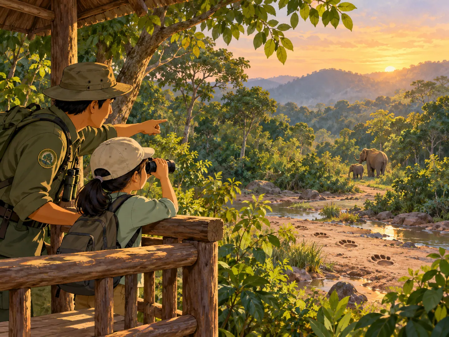 Seorang anak dan ranger mengamati jejak gajah dari pos yang aman.