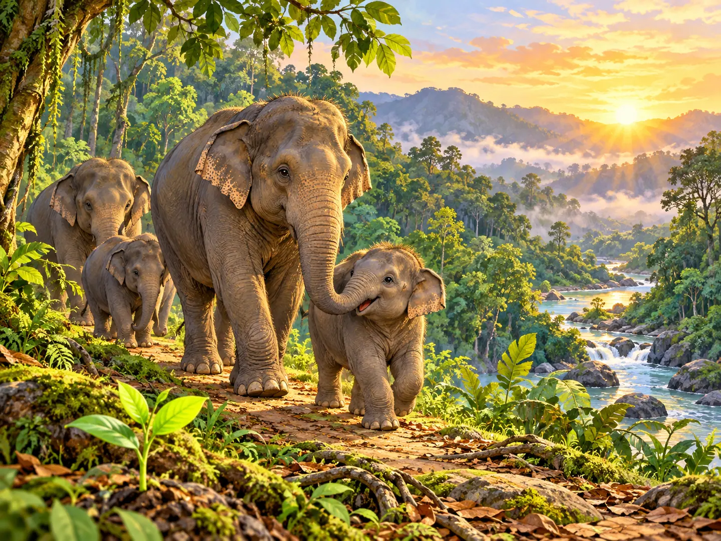 Nala berjalan bersama keluarganya di hutan Sumatra yang sehat saat matahari terbit.