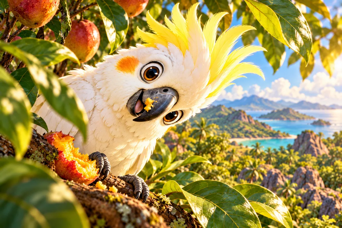 Potongan buah menempel di ujung paruh Piko dan ia memiringkan kepala dengan lucu.