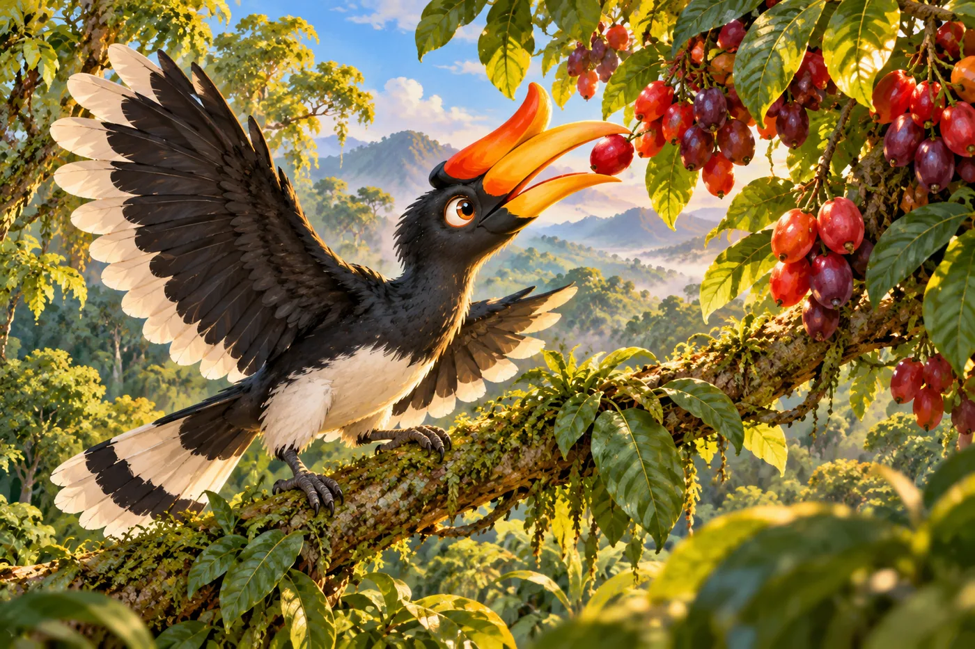 Raka menemukan buah merah dan ungu matang di dahan pohon hutan tropis.
