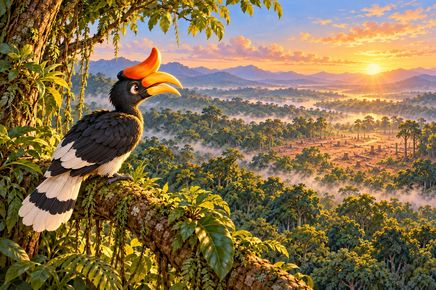 Raka melihat dari hutan lebat ke area terbuka yang kehilangan beberapa pohon besar.