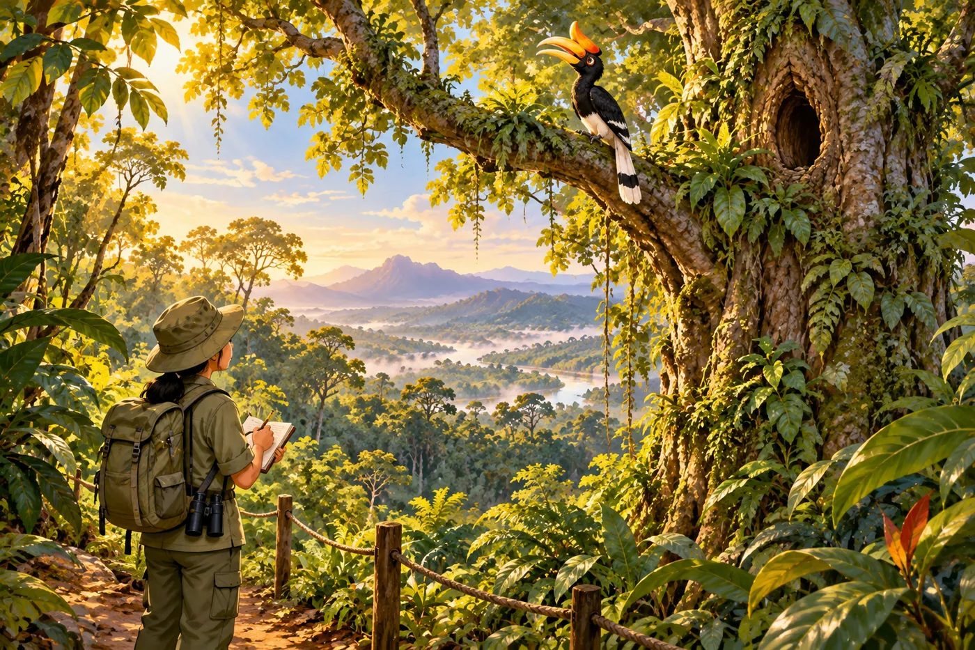 Petugas hutan mengamati pohon besar dari jalur aman tanpa mengganggu rangkong di atasnya.