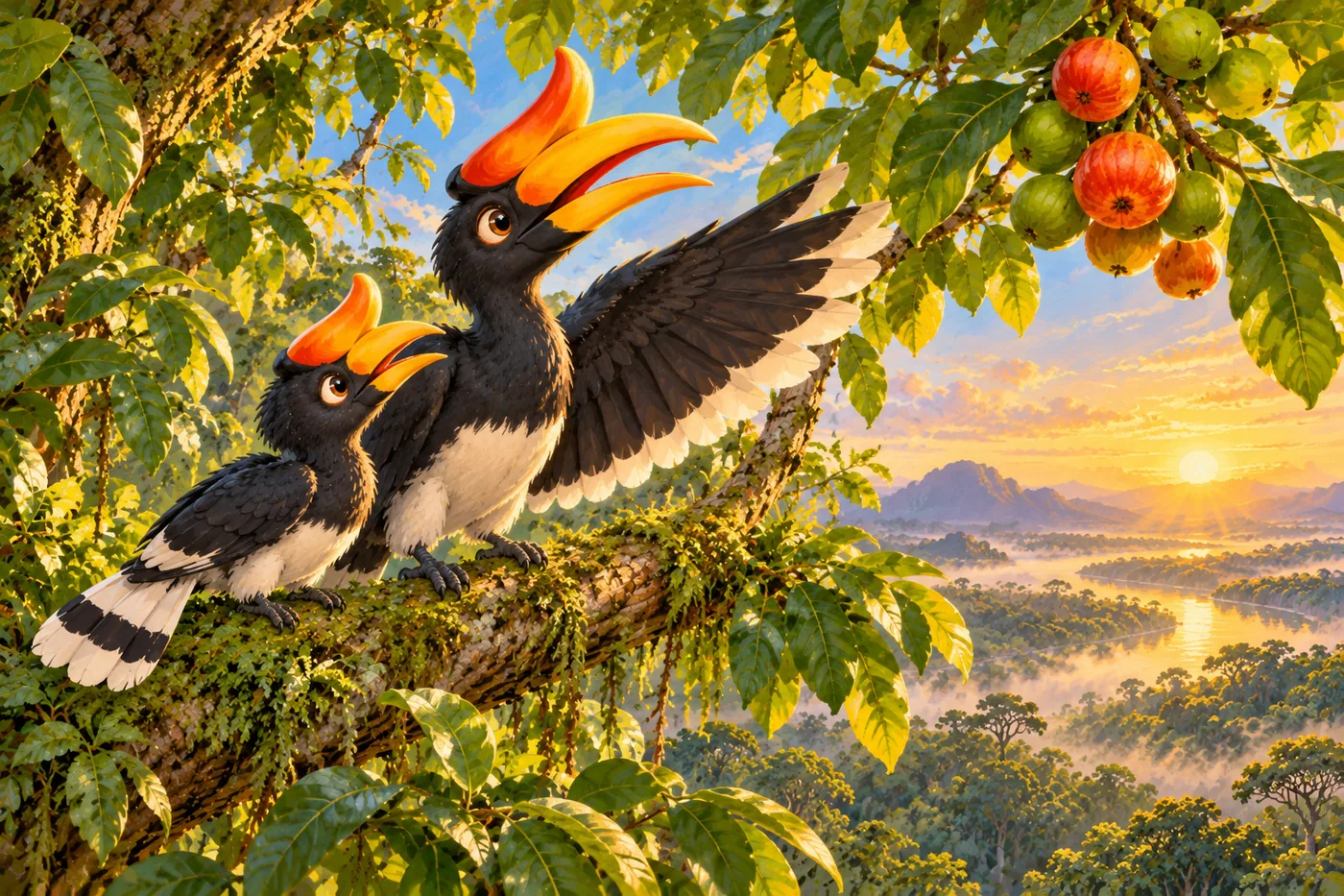 Raka menunjukkan buah matang kepada anaknya di pohon hutan.