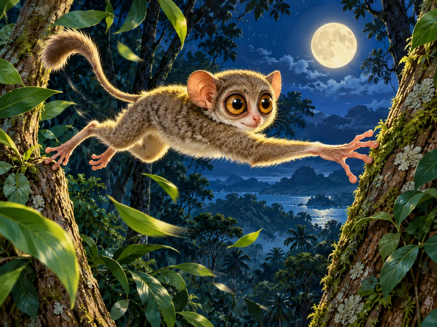 Tiko melompat di antara batang pohon di hutan Sulawesi yang diterangi bulan.