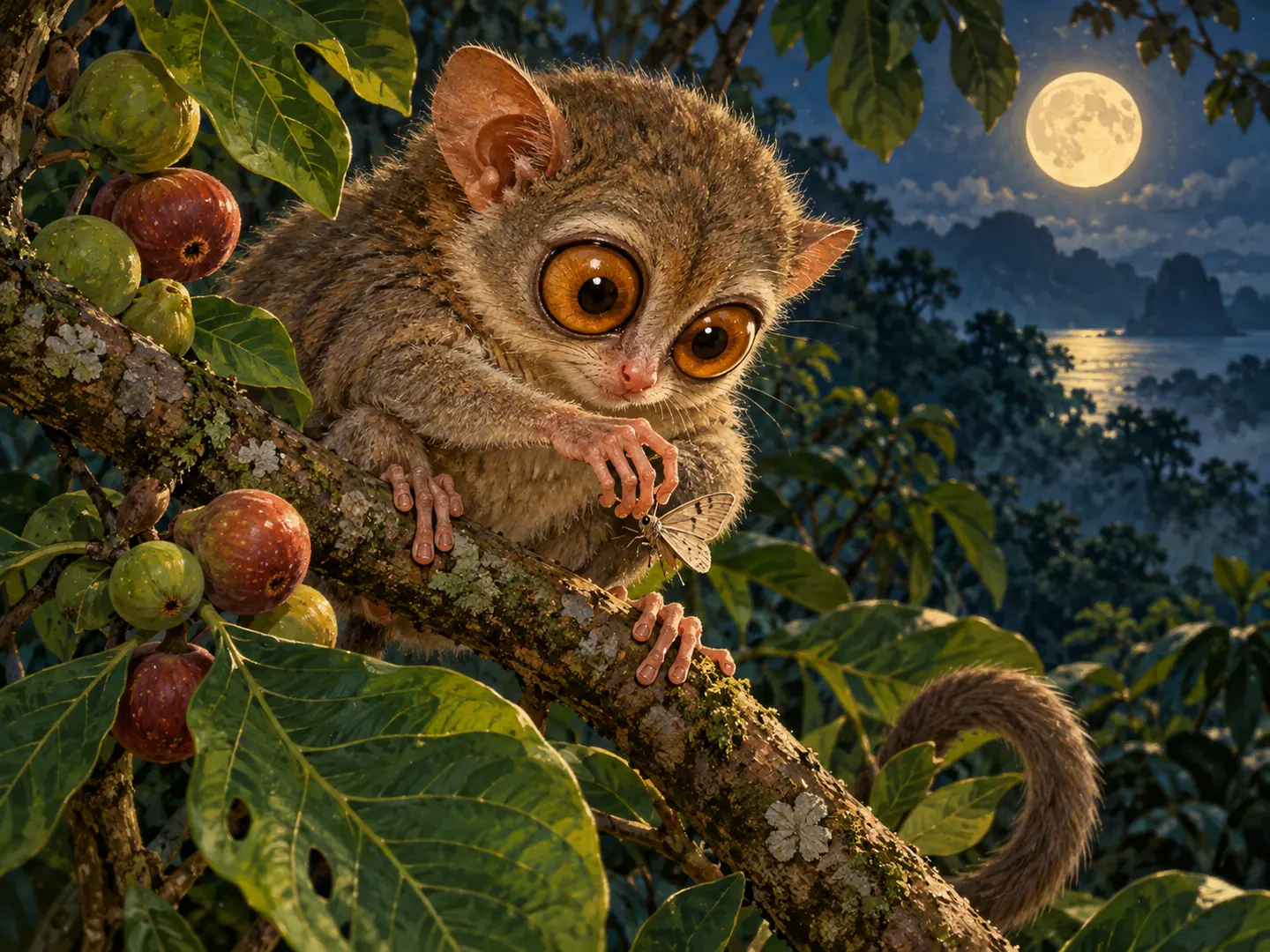 Tiko menangkap ngengat kecil di ranting sebagai makan malam.