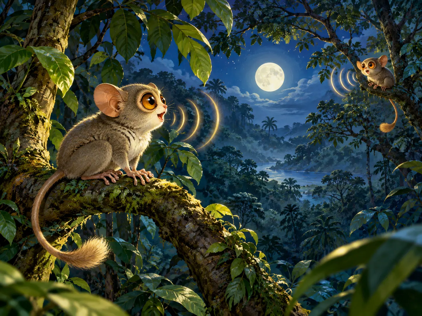 Tiko dan seekor tarsius lain saling bersahutan dari dahan yang berjauhan.