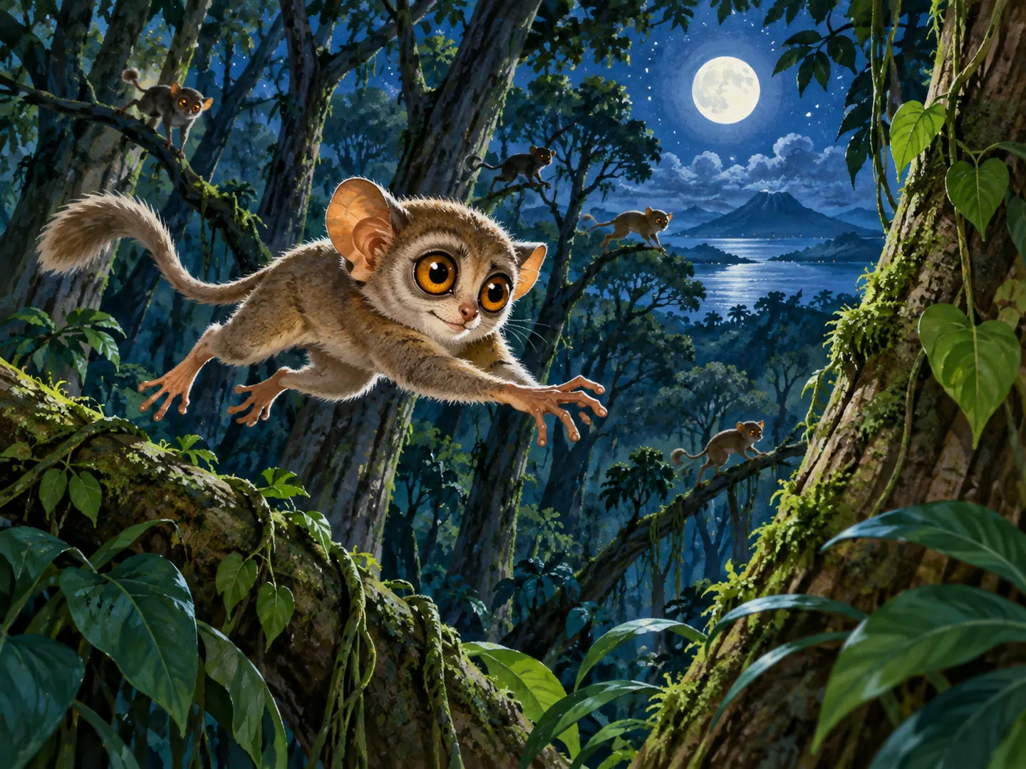 Tiko bergerak di antara pepohonan dan sulur di hutan Sulawesi pada malam hari.