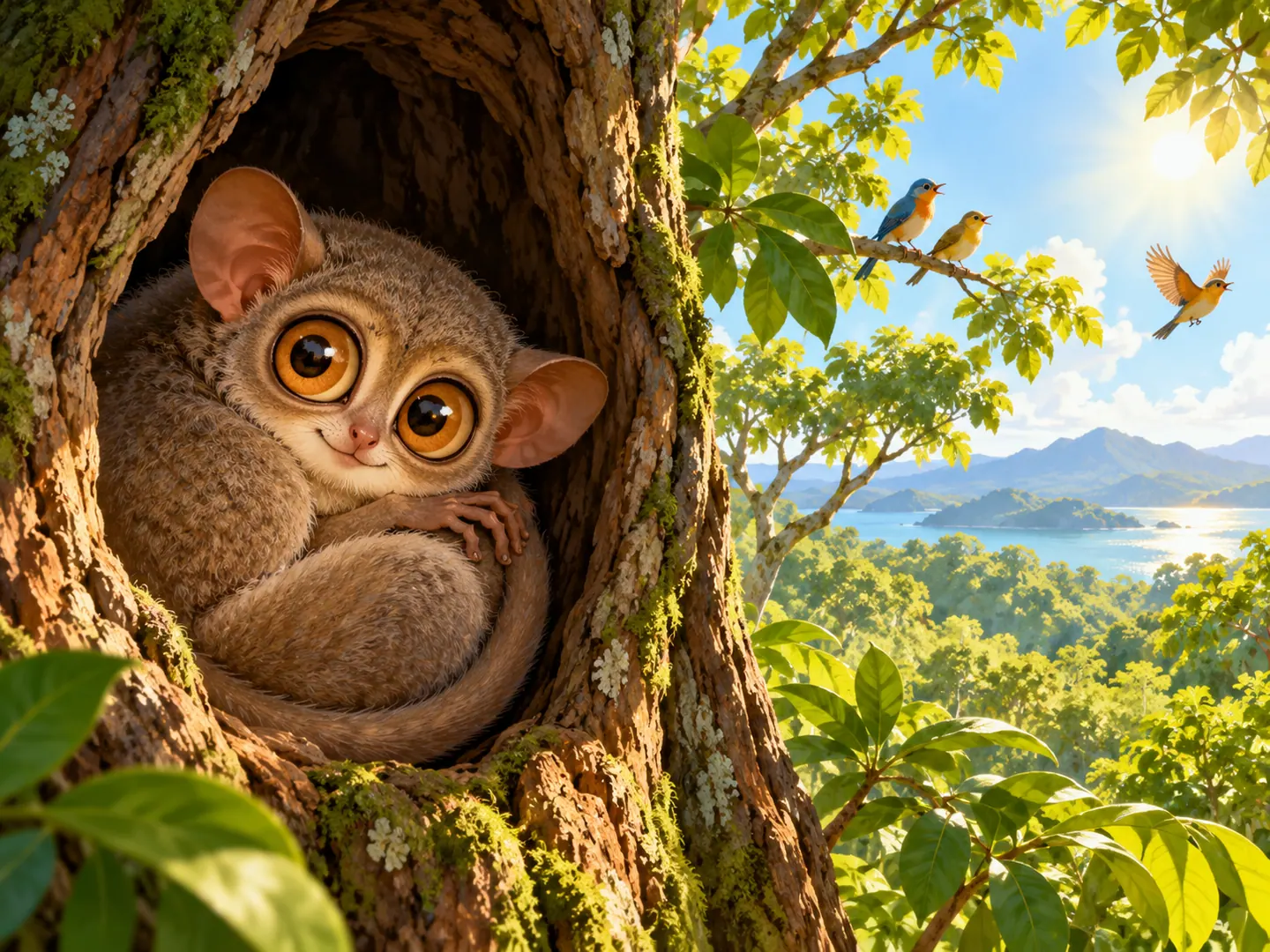Tiko tidur di dalam rongga pohon, sementara matahari pagi menyinari hutan.