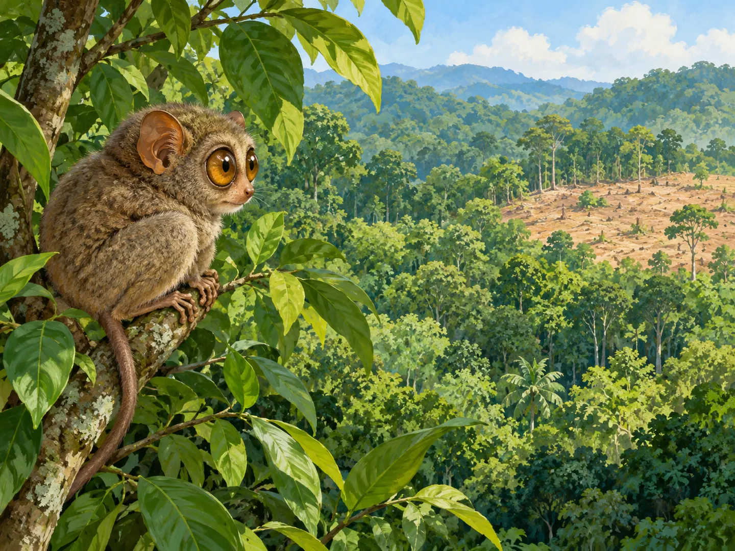 Tiko memandang bagian hutan yang terbuka dari cabang yang masih rimbun.