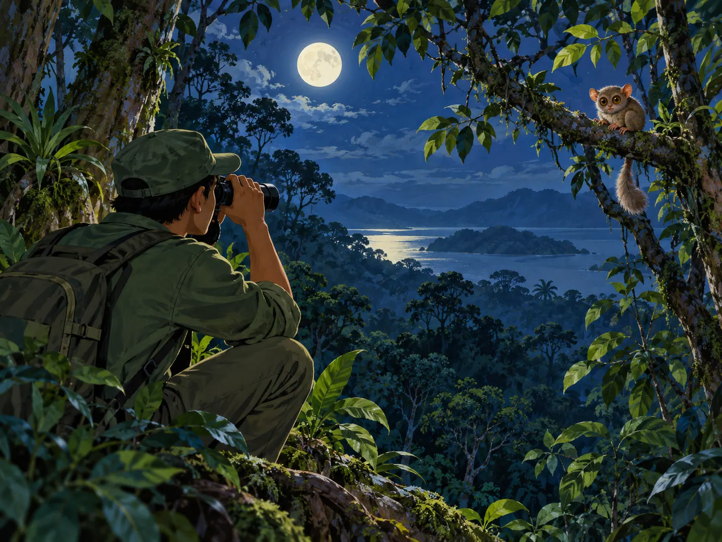 Penjaga hutan mengamati Tiko dengan teropong dari jarak yang aman.